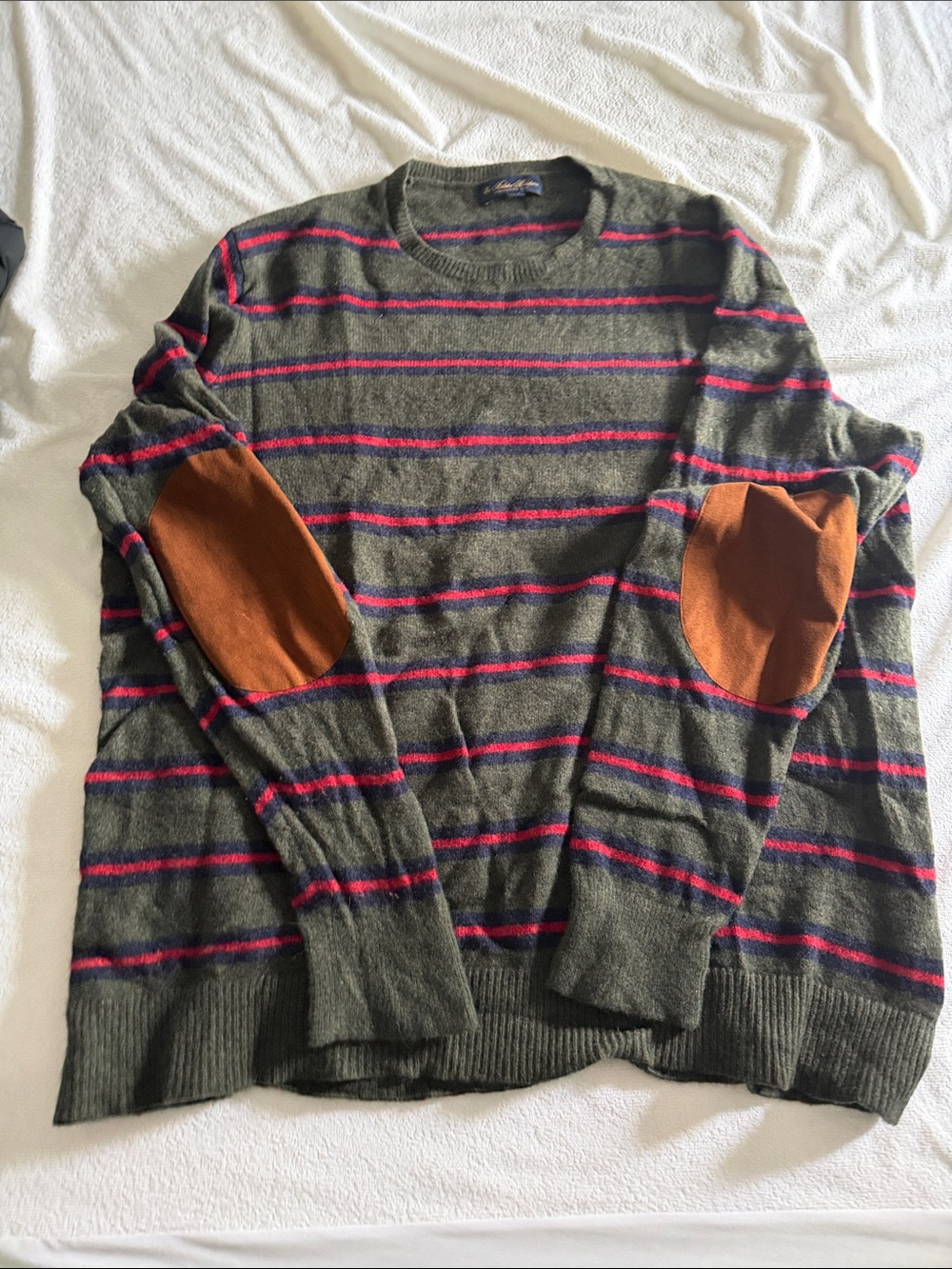 Brooks Brothers Lambswool Crewneck Belt Striped Elbow Patch Sweater Sz 2XL Tall